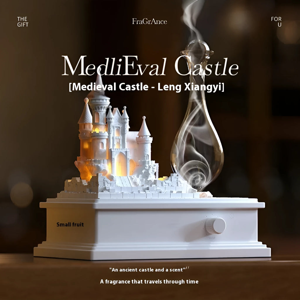 White medieval castle aromatherapy machine with cold fragrance diffuser and ambient lighting