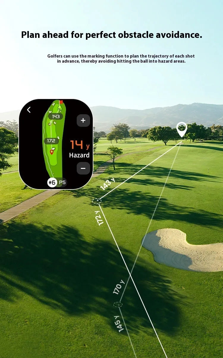Black GenePro G1 golf laser rangefinder with AMOLED touch screen showing distance measurement.