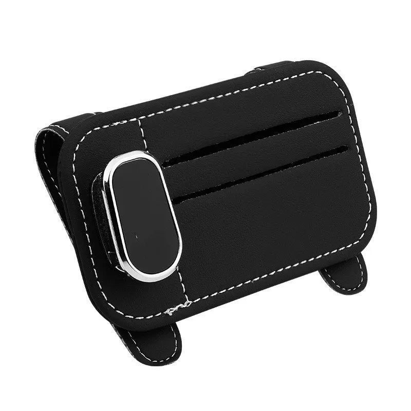 Leather automotive sun visor card holder with glasses clip and card slot