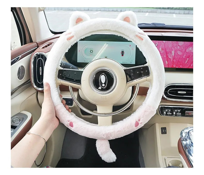 Plush winter car steering wheel cover with rabbit fur embroidered cartoon animal design, 38cm fit.