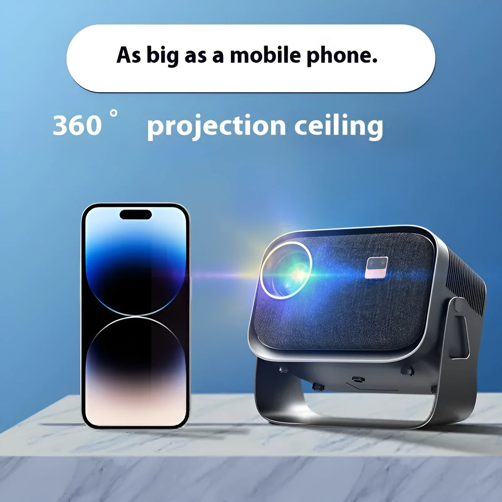 Compact white portable Android smart projector for phone screen mirroring with 1080p HD resolution.