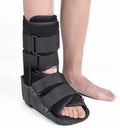 A black Achilles tendon rehabilitation boot with fixed support, showing straps and structural design.