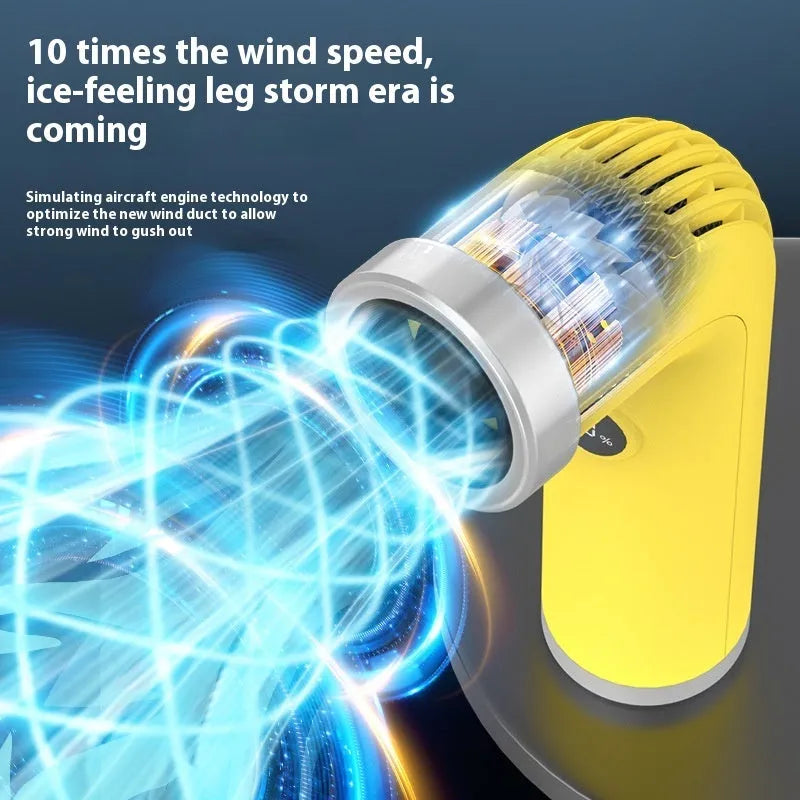 Apricot coloured bladeless portable fan with lithium battery and power cord.