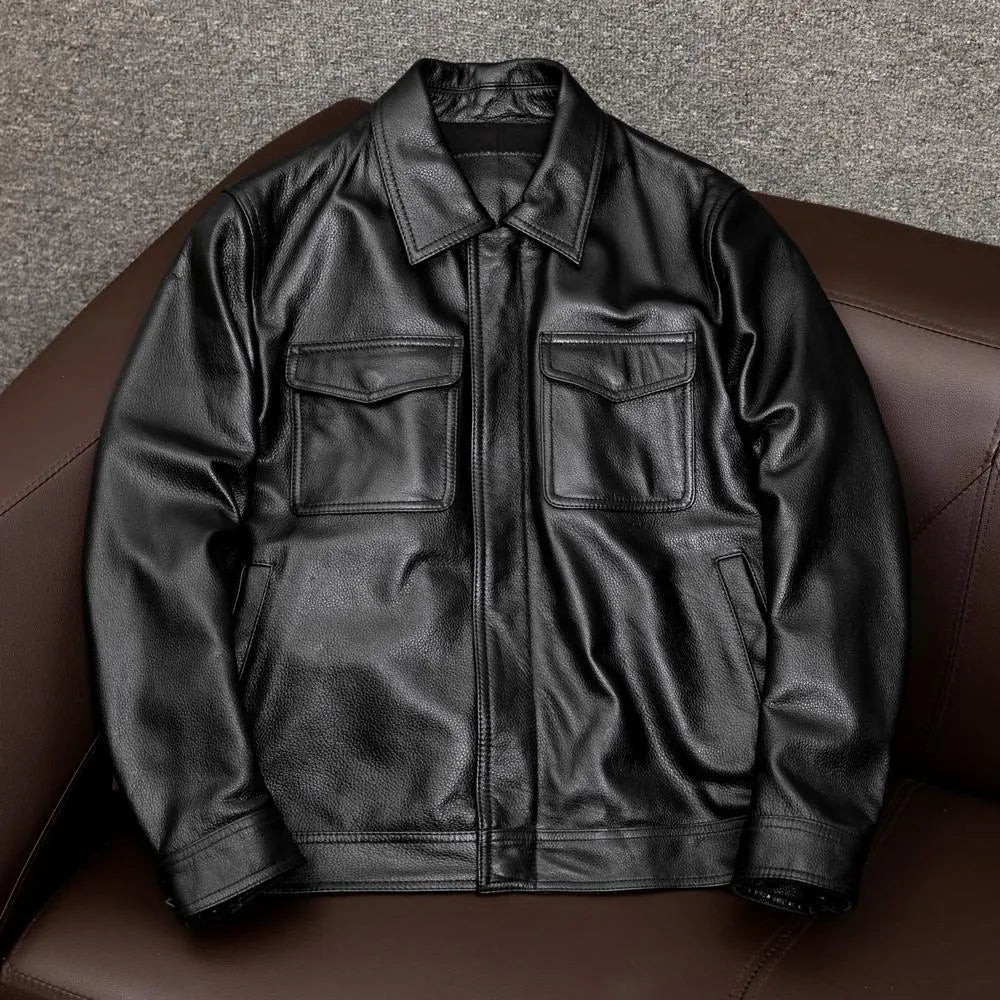 Men's black lapel leather jacket with side pockets shown on plus-size model