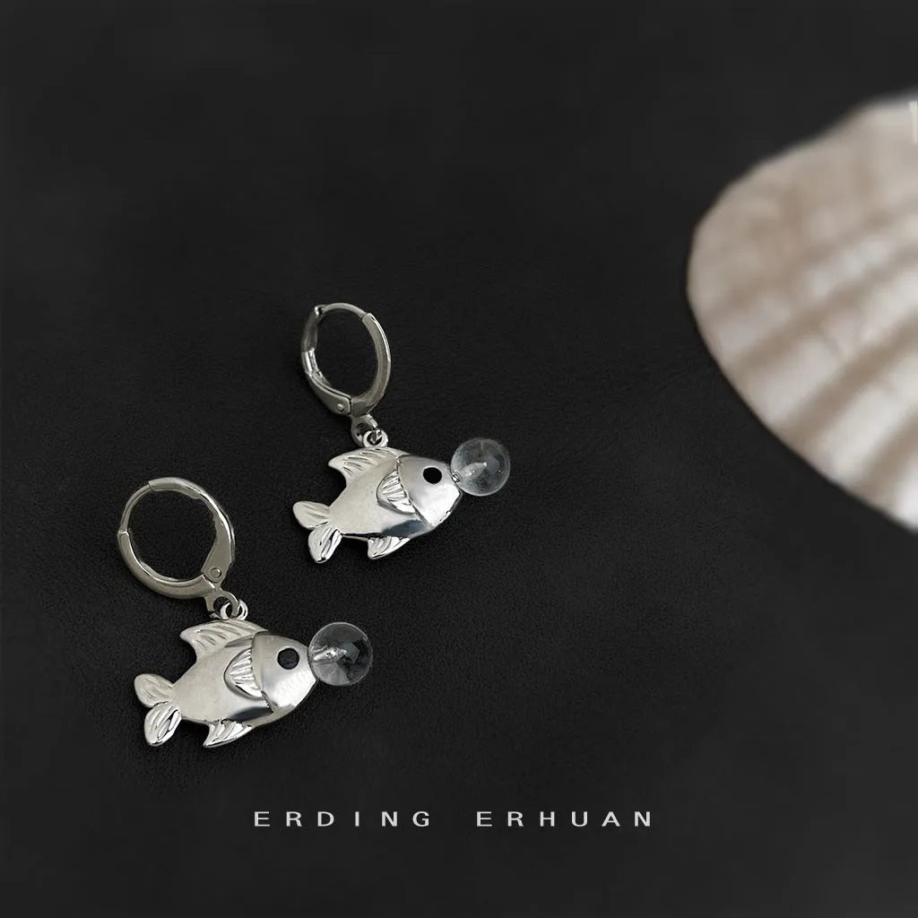 Pair of copper Bubble Fish earrings with goldfish animal modelling and electroplated finish.