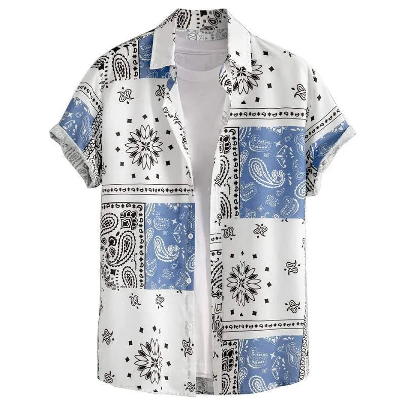 Man wearing a slim fit, short sleeve Hawaiian print shirt in a cardigan style.