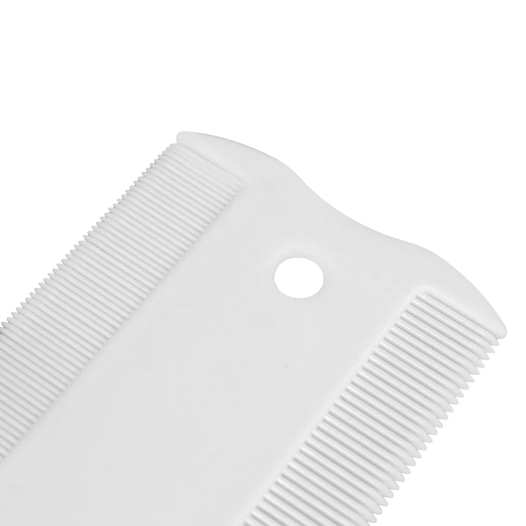 Double-sided plastic flea comb for pets showing dense teeth on one side and grate mouth design