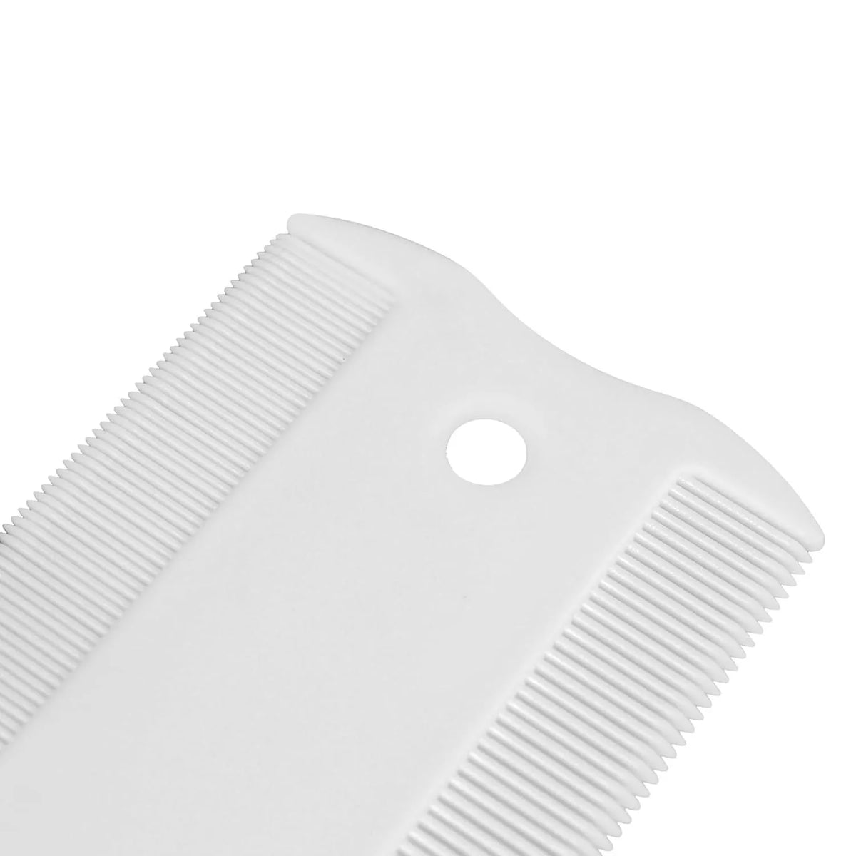 Double-sided plastic flea comb for pets showing dense teeth on one side and grate mouth design