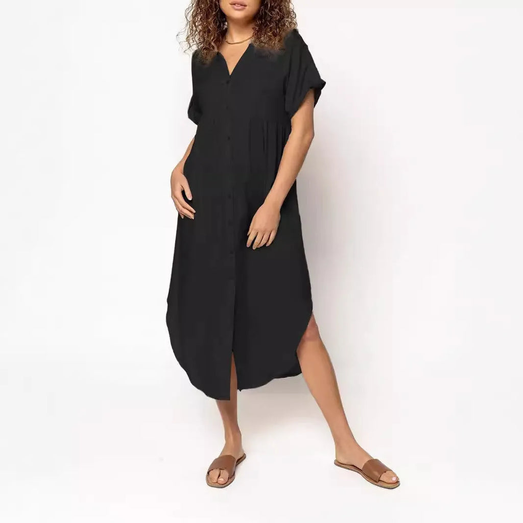 Mid-length solid colour casual dress with button front in pink black blue grey purple red army green apricot watermelon red featuring regular sleeves and mid-waist design