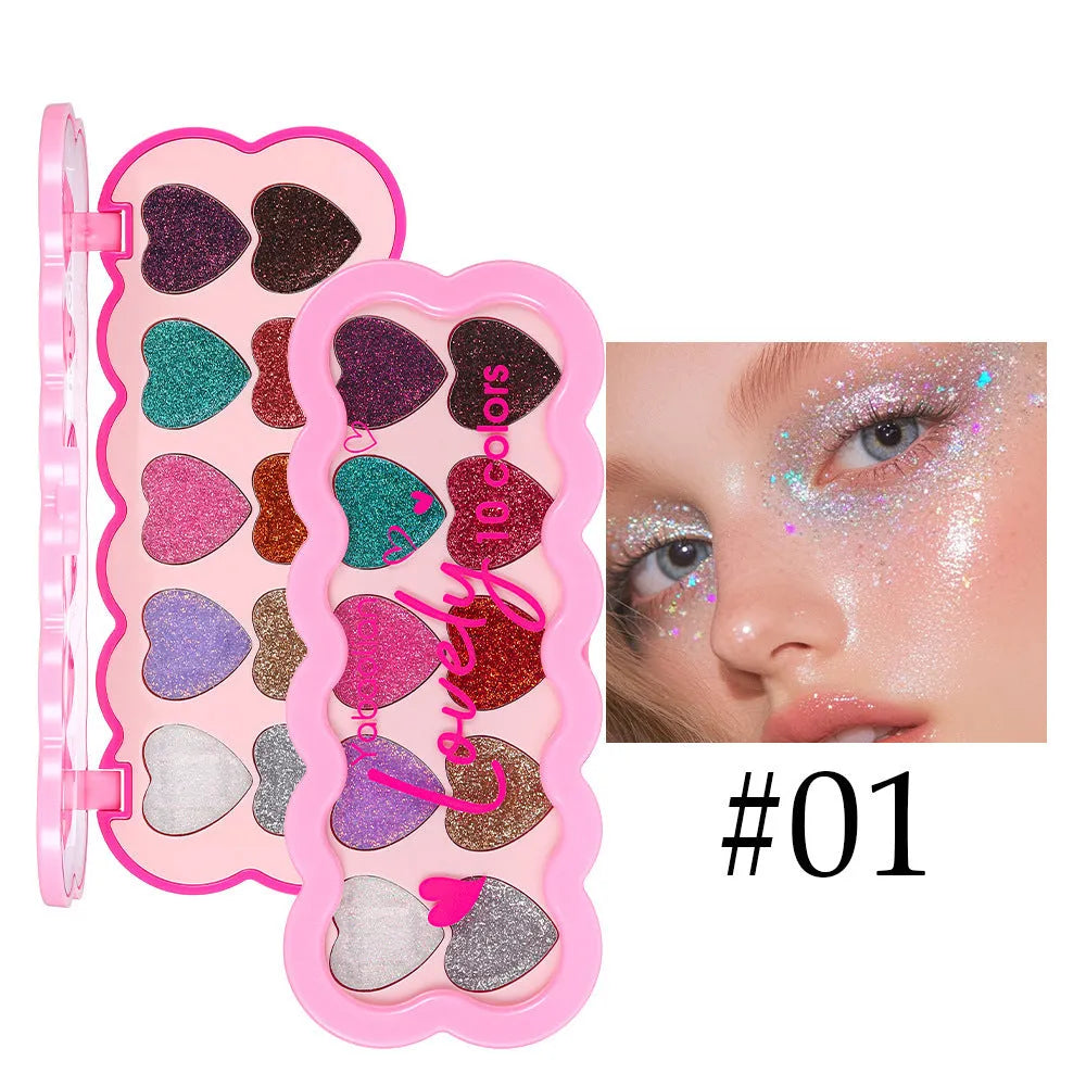 Pearlescent Heart ten-color sequins eye shadow palette open showing shades including coral, blue and purple.