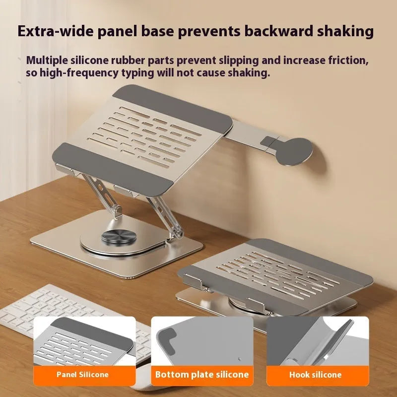 Silver carbon steel laptop stand with a side-mounted magnetic phone holder rotated to the side.
