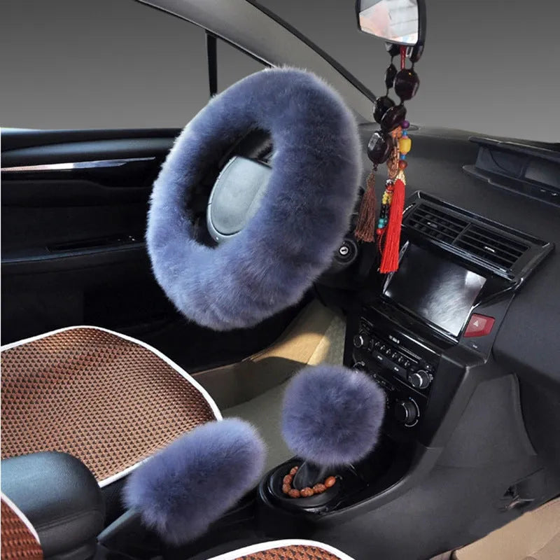Wool steering wheel cover with matching handle covers in multiple colour options