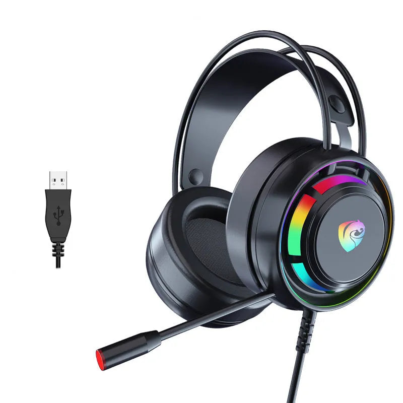 Black wired computer headphones with microphone and a long cable, shown in 3.5mm and USB plug versions.