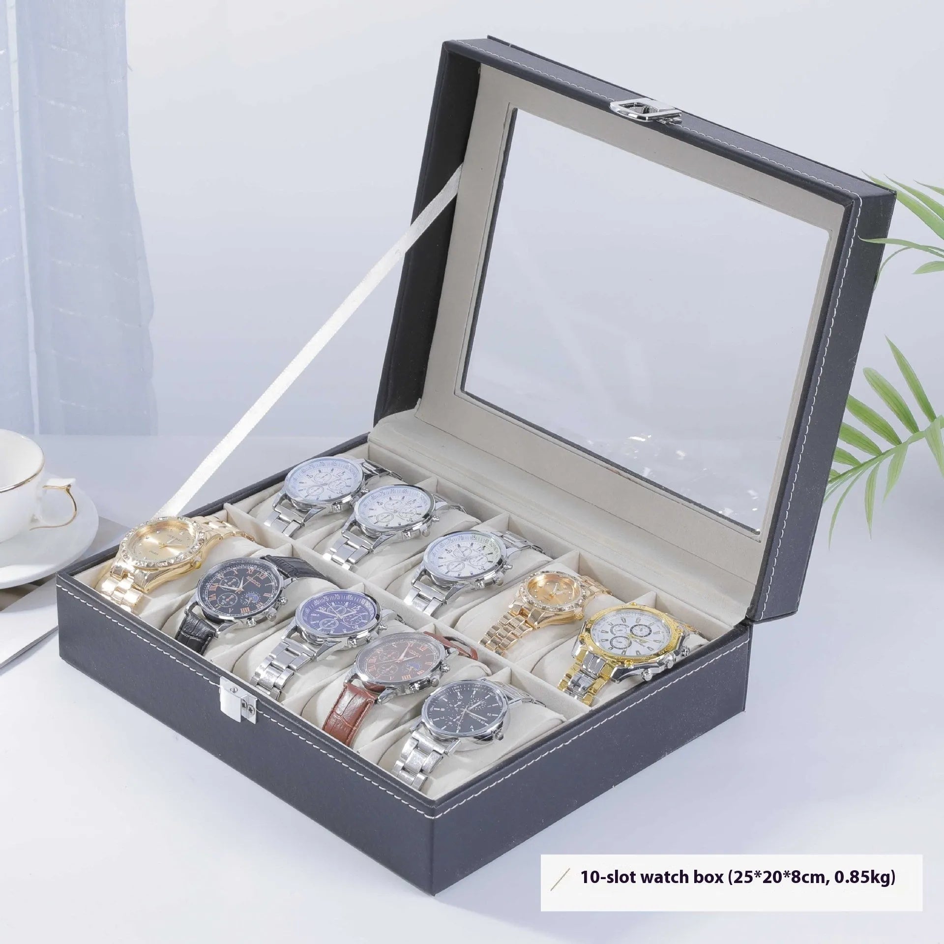 Grey high-grade leather watch storage box with transparent lid showing watch slots inside.