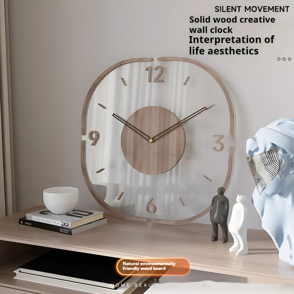 Modern round transparent wall clock with a wooden frame, measuring 35cm by 35cm.