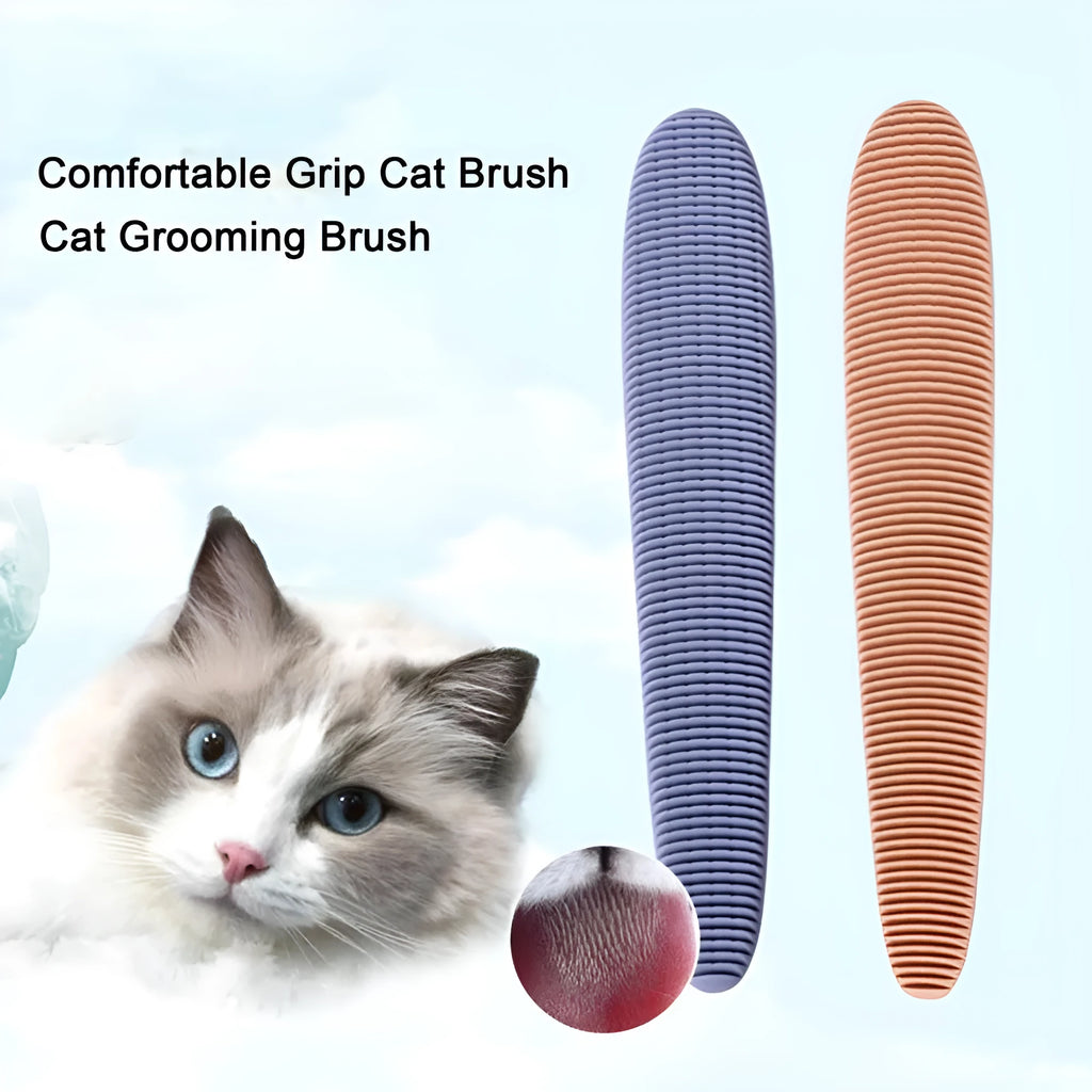 Grey ABS plastic cat comb with tongue massager design showing narrow and wide ends for pet grooming