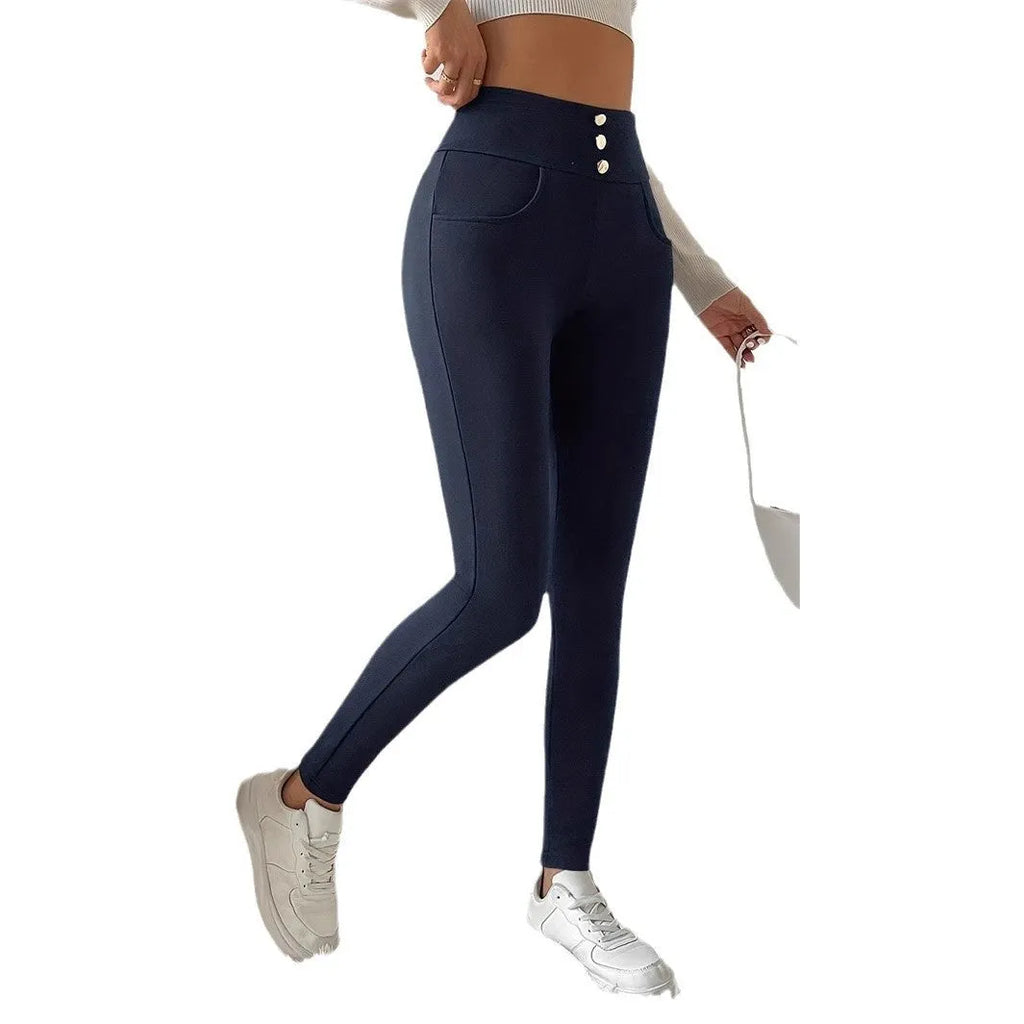 Navy blue women's high waist slim trousers with straight leg cut on hanger