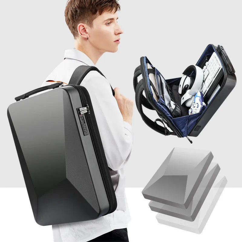 Hard shell gaming backpack with lockable opening and shoulder straps in black colour