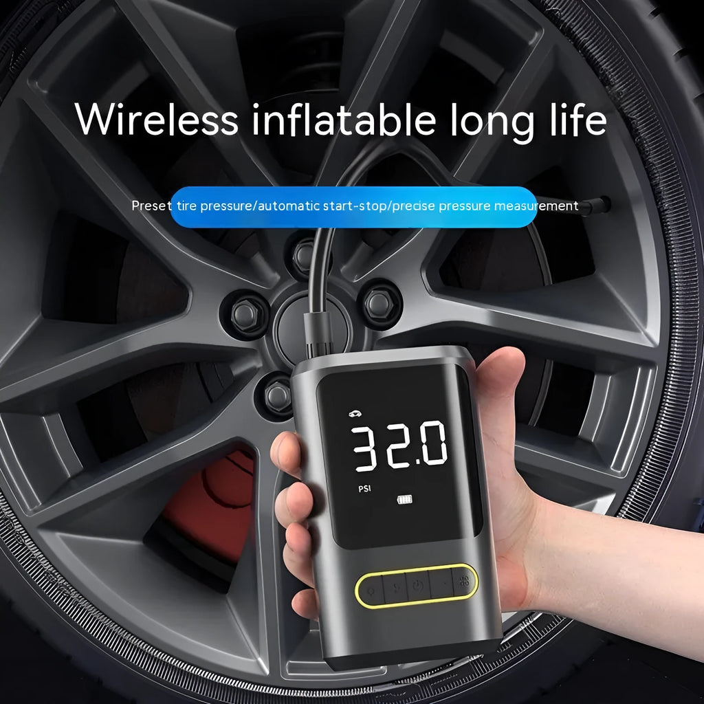 Handheld wireless digital display car air pump with LED light, hose, and multiple nozzles on black background