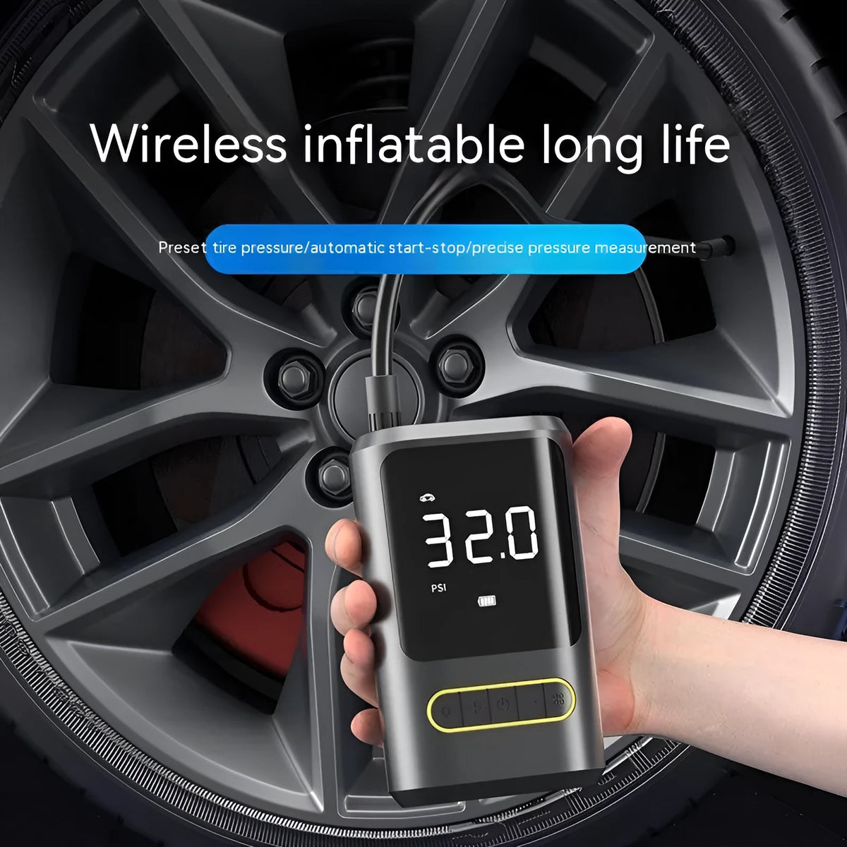 Handheld wireless digital display car air pump with LED light, hose, and multiple nozzles on black background
