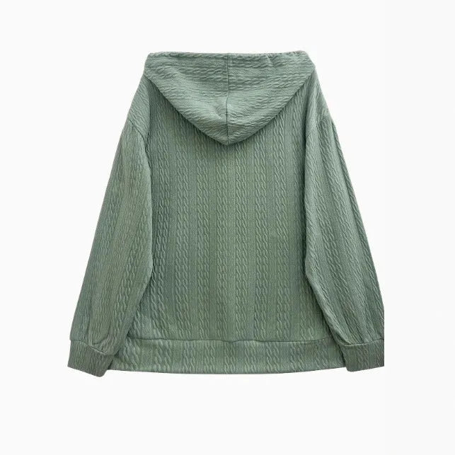 Green loose fit hooded sweater zip coat for women with front closure and long sleeves