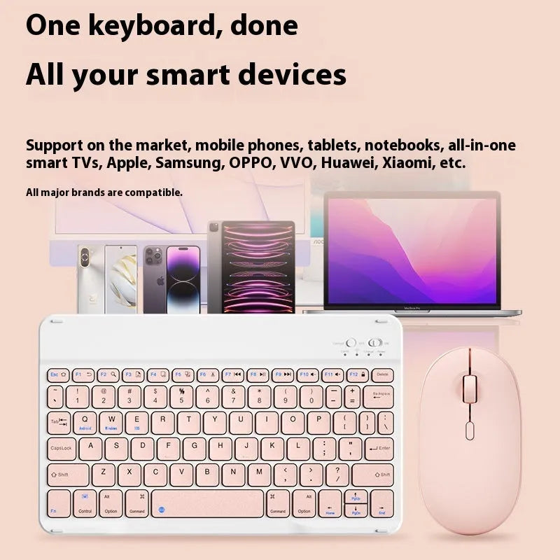 Compact white Bluetooth keyboard for tablet and PC use on a wooden desk