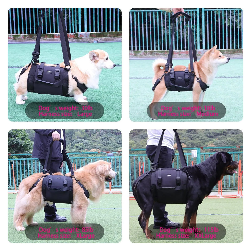 Black oxford cloth dog harness with chest strap and leg support for rehabilitation