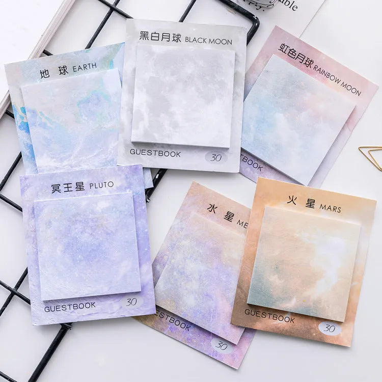 Square planet sticky notes notepad with six celestial designs measuring 7.3cm