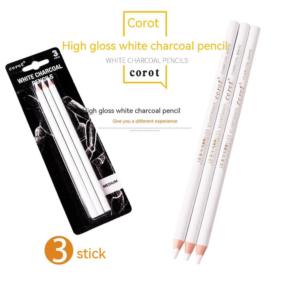 Set of three white charcoal highlighting pencils with wooden shells and brush tips for drawing