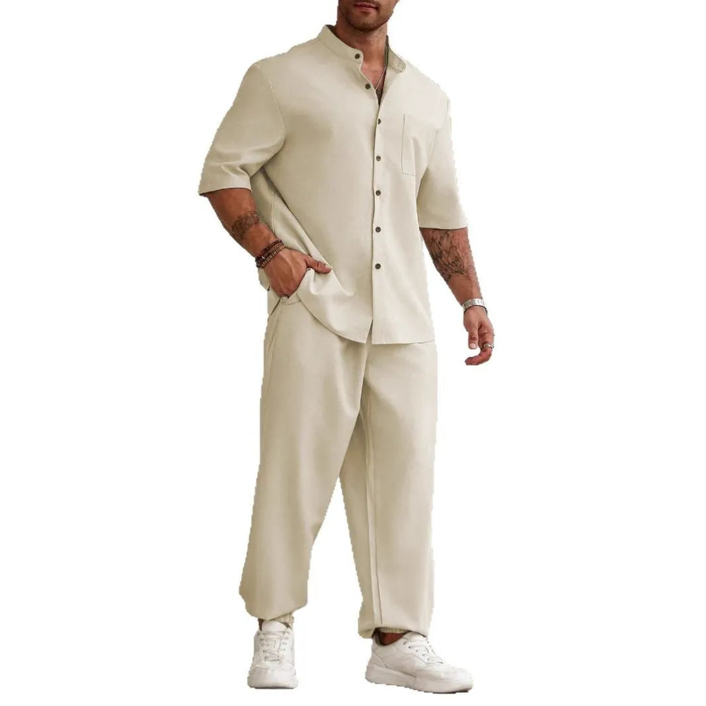 Men's casual apricot-coloured cotton linen short-sleeved shirt and trousers set laid flat.