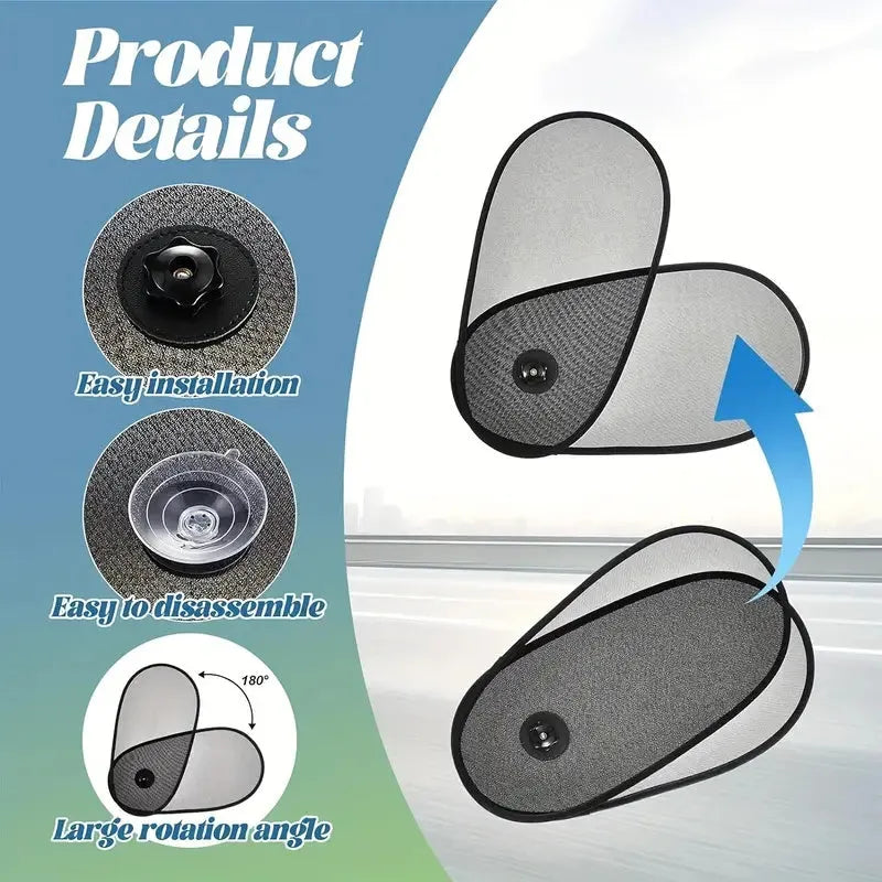 Black stretchy car window shade with suction cups attached to a side window.