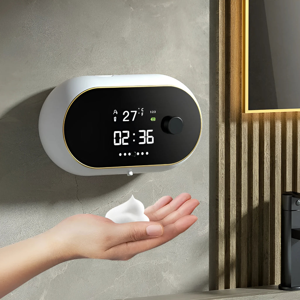 Automatic wall-mounted foam soap dispenser with USB power cable and 500ml capacity reservoir
