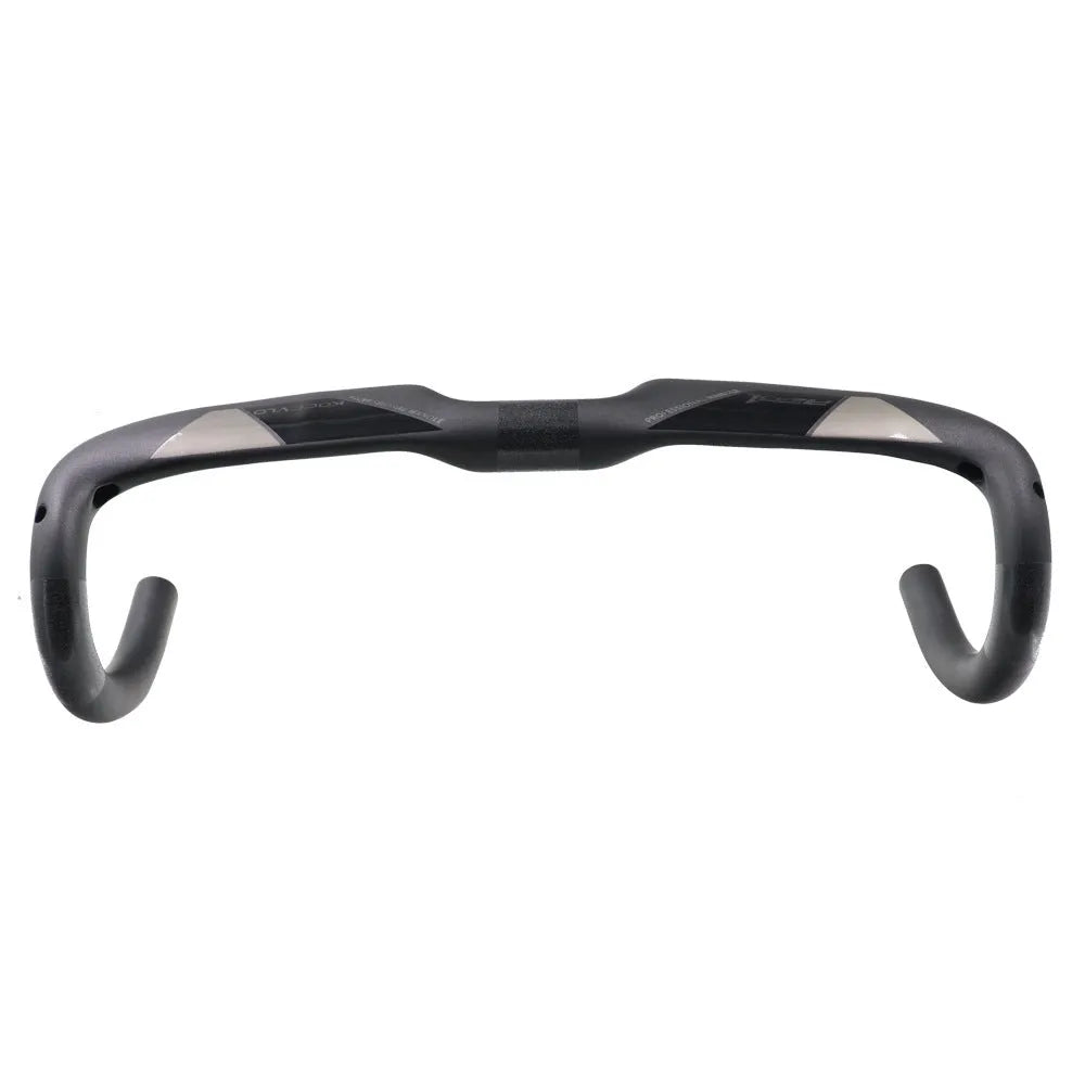Matte carbon fibre road bicycle handlebar showing bent design with width measurement options