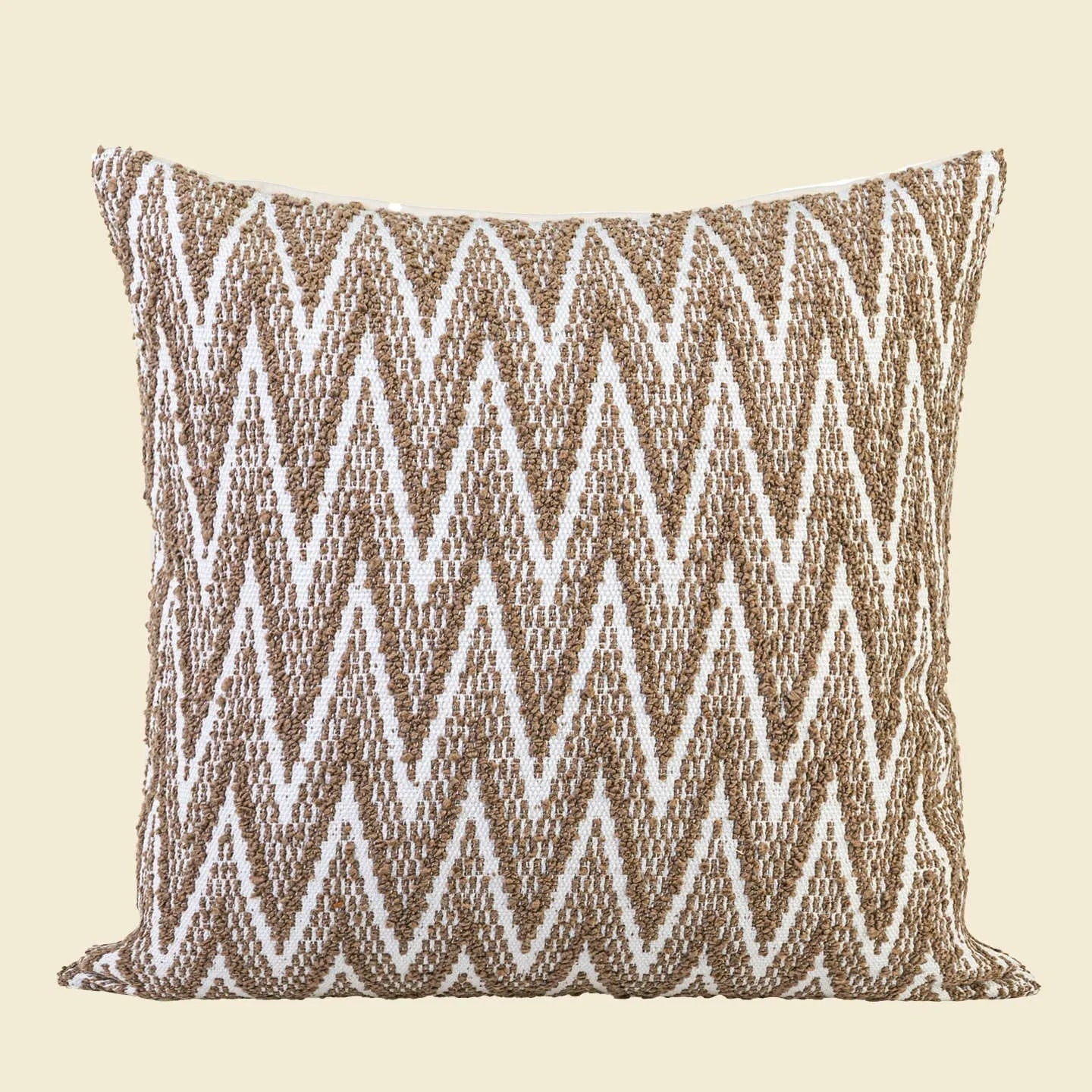 Chinese style square cushion with Maillard colour geometric patterns on living room sofa