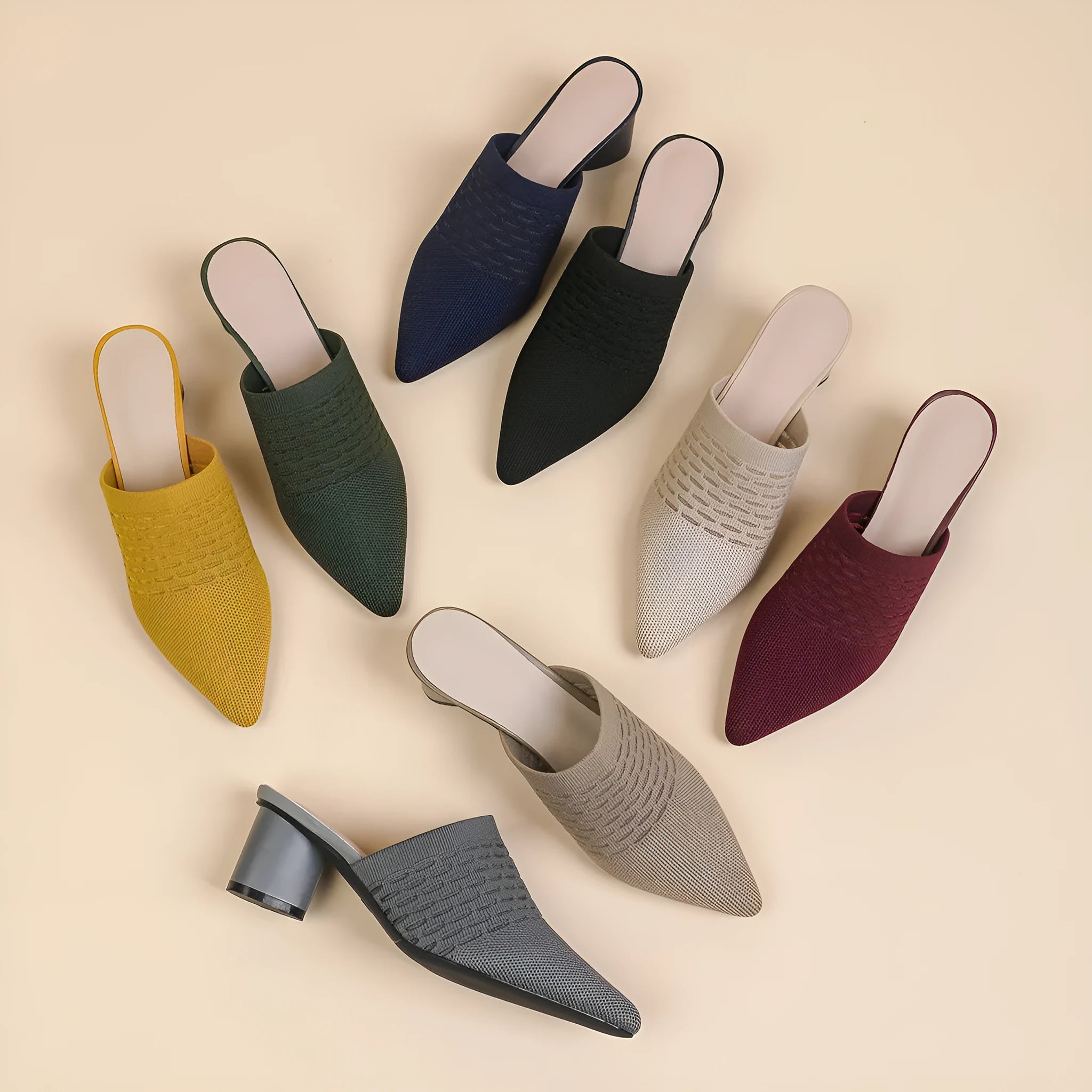 Women's pointed toe sandals with a toe cap and a chunky 5cm high heel in a fabric upper.