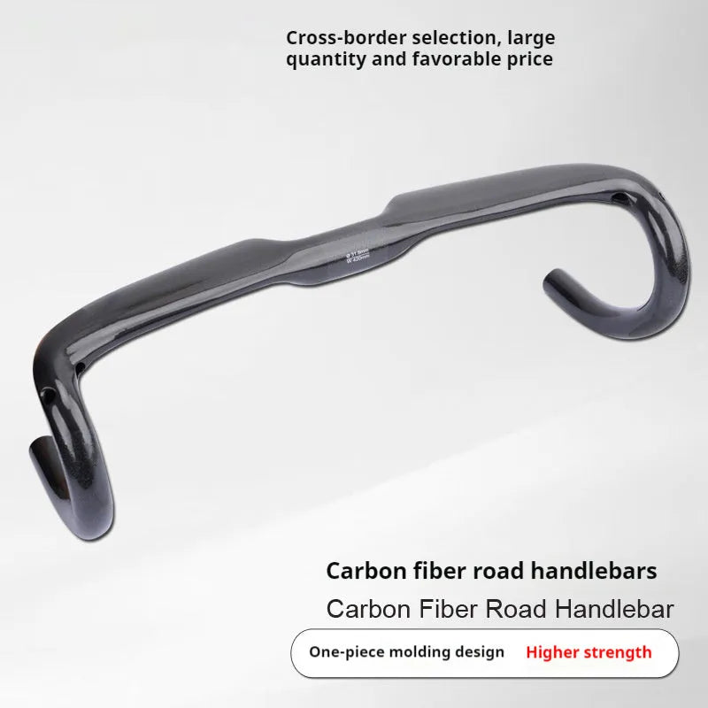 Carbon fibre road bicycle drop handlebar in black, grey, and silver UD weave, shown in 400mm, 420mm, and 440mm widths.