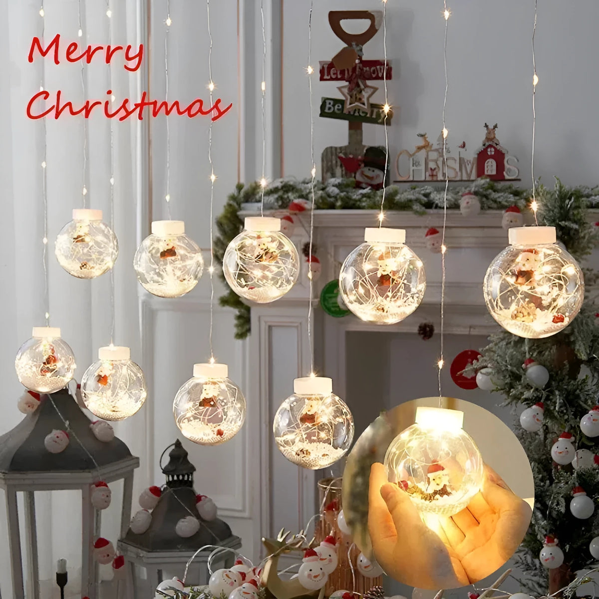 10-piece LED Christmas curtain lights with fairy ball lamps showing snowman, elder, and Christmas tree designs