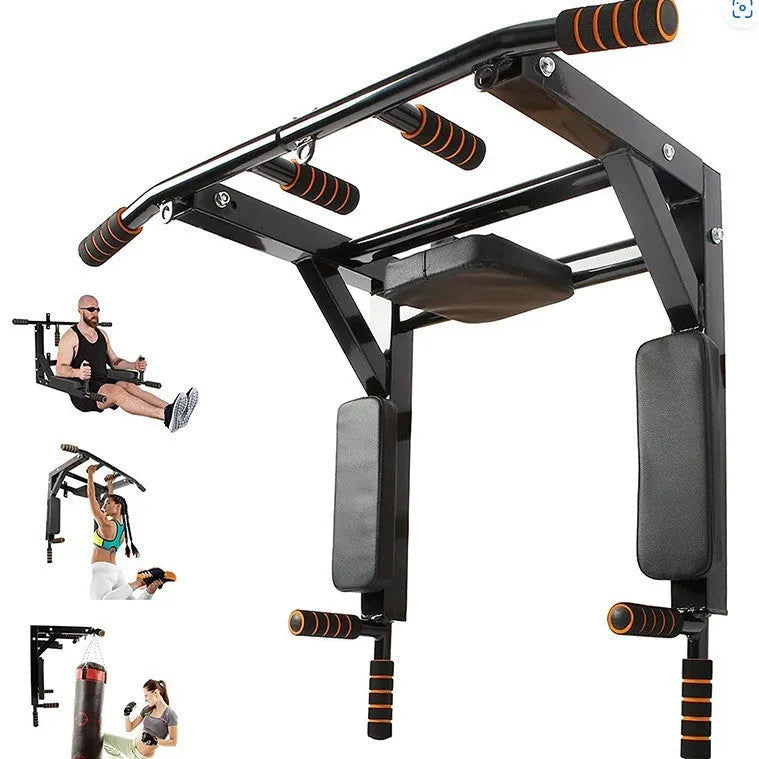 Black wall-mounted sandbag rack with parallel bars for pull-up exercises and martial arts training