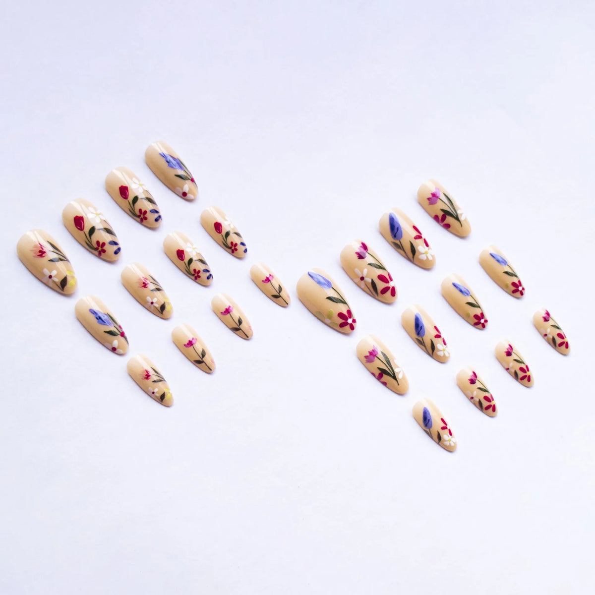 Almond-shaped removable nail art with rose and tulip floral patterns in European and American styling