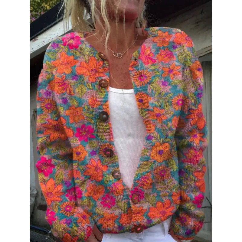 Yellow digital print knitted cardigan coat with a 3D stereo pattern, shown in a gentle cardigan style.