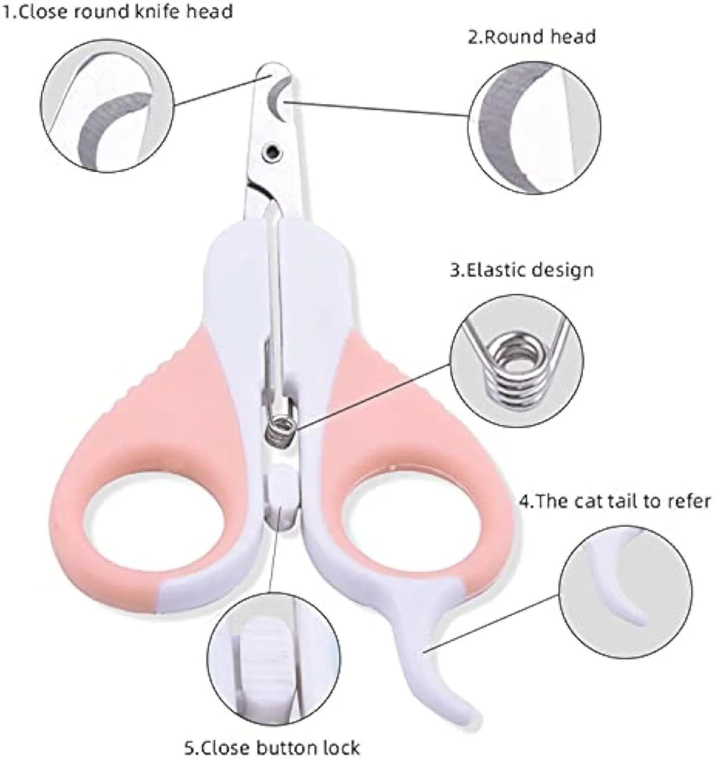 Grey and pink angled pet nail clippers with safety lock and rubber handles.