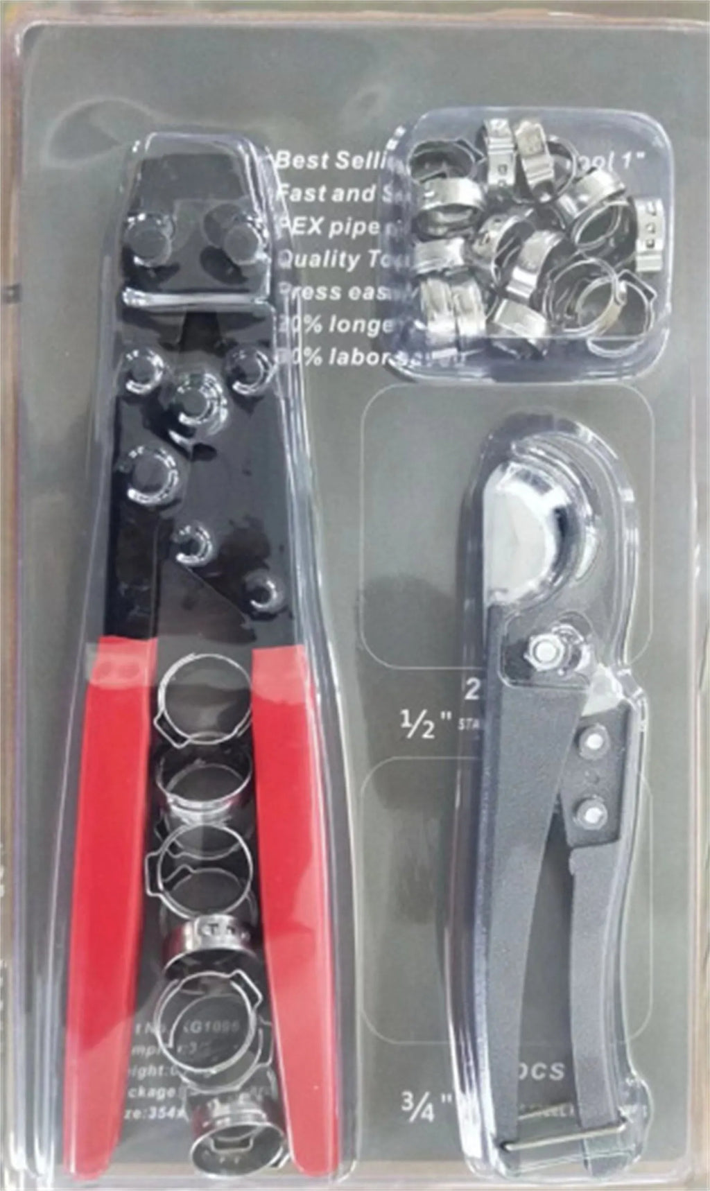 Red metal PEX clamp set with carbon steel cutting edge for plumbing connections