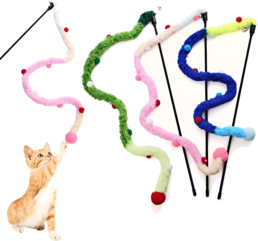 Interactive cat wand toy with blue plush strip, fluffy ball, and bells on a 41cm pole