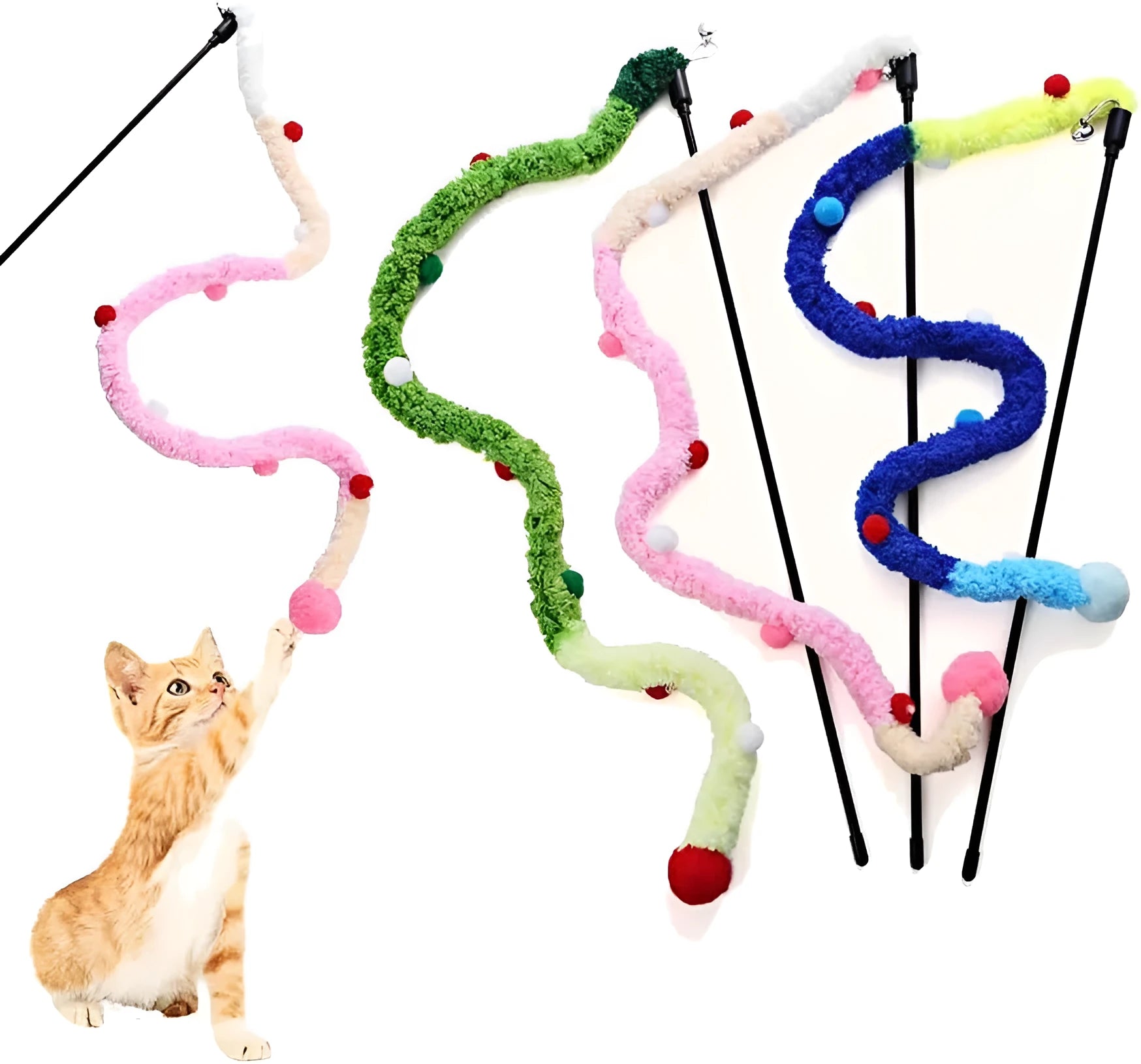 Interactive cat wand toy with blue plush strip, fluffy ball, and bells on a 41cm pole