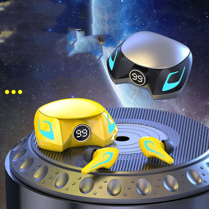 Bluetooth gaming headset with earplug design in black, dark grey, or yellow colours showing wireless earpieces