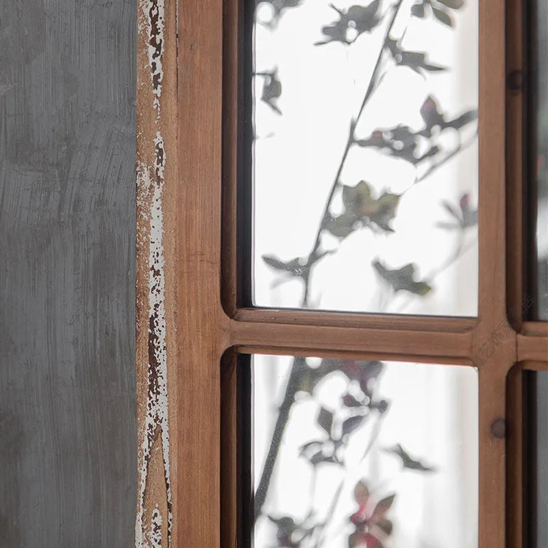 Terrace Distressed Fake Window Wall Mirror in log colour wooden glass