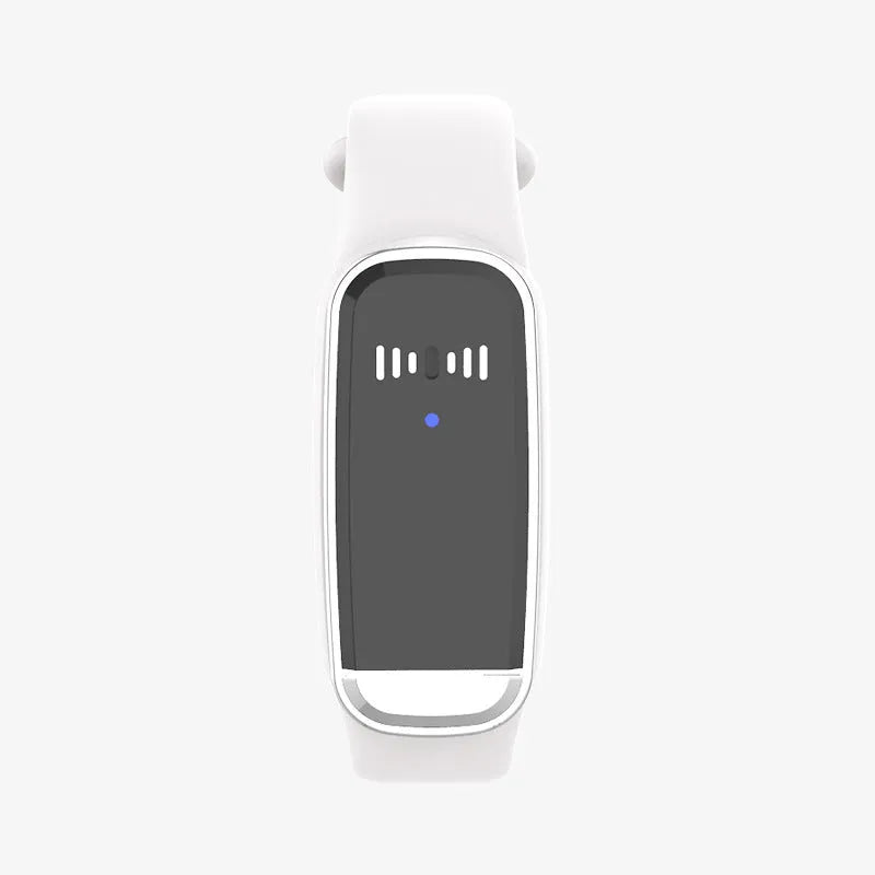 Black and white ultrasonic mosquito repellent bracelet with USB charging cable.