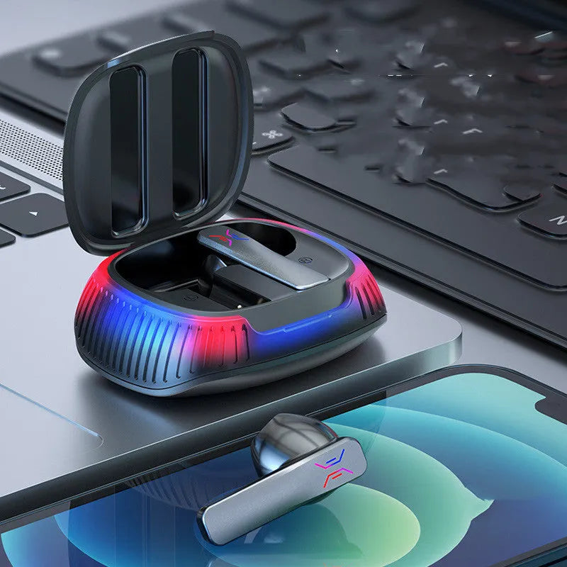 Hall Flashing wireless gaming headset in black or white with earplug design and USB Type-C cable