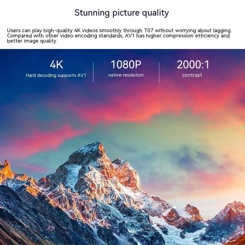 White Full HD smart projector with remote control showing 1080p resolution and 320 ANSI lumen brightness