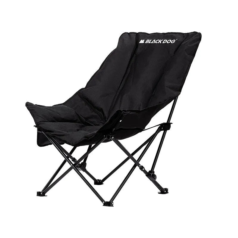 Night black camping recliner chair folded and unfolded showing Oxford cloth material and moon chair design